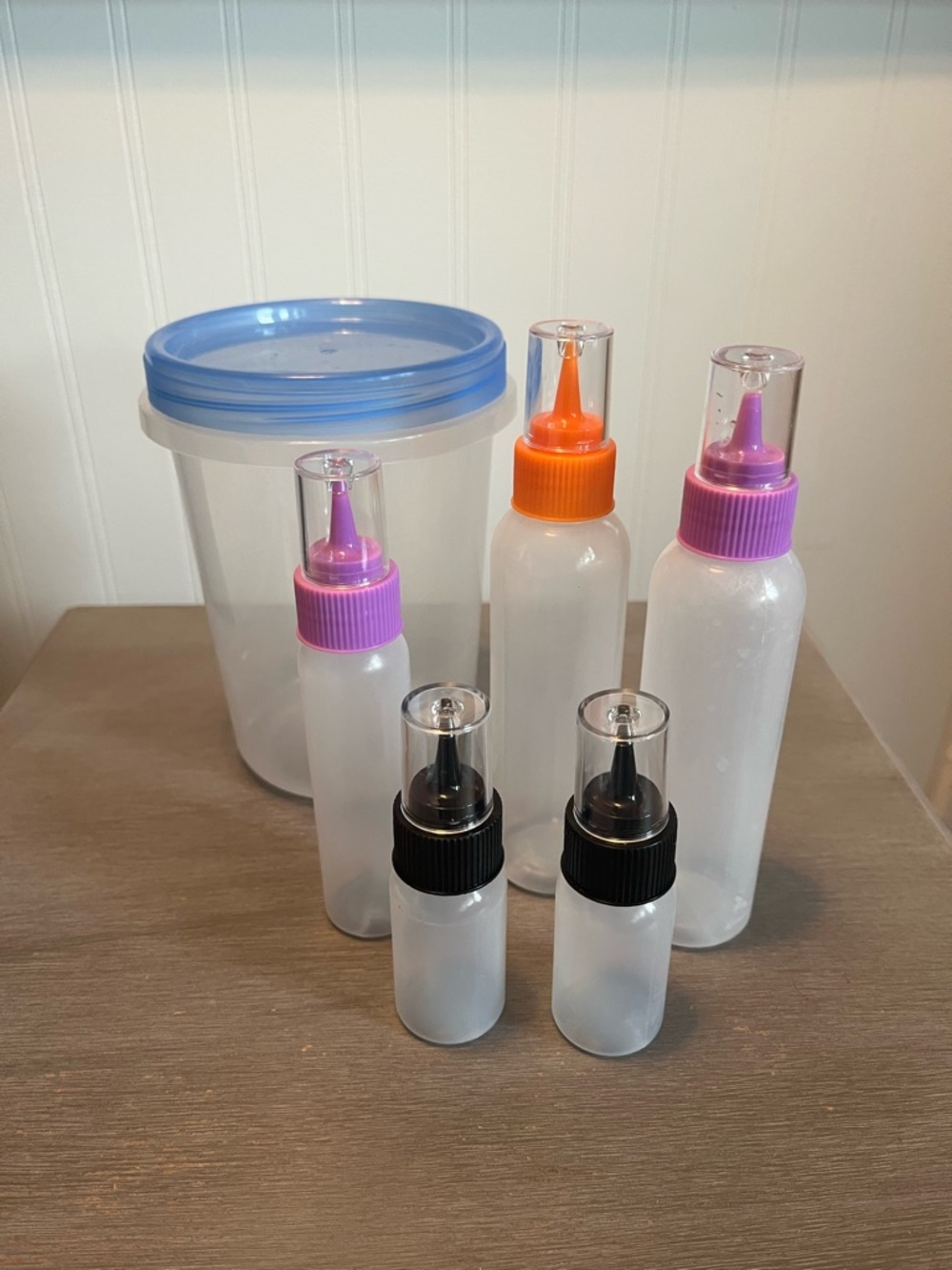 Set of Clear Plastic Squeeze Bottles with Colored Nozzles